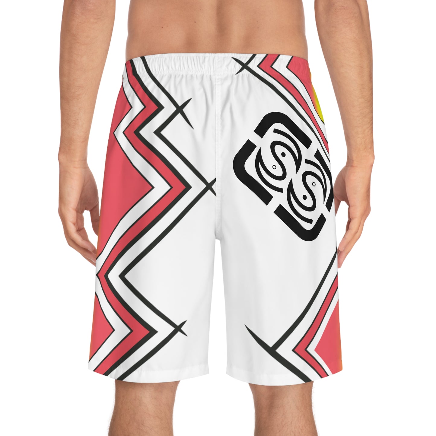 Geometric Sunset Board Shorts — Men's All-Over Print Swim Trunks