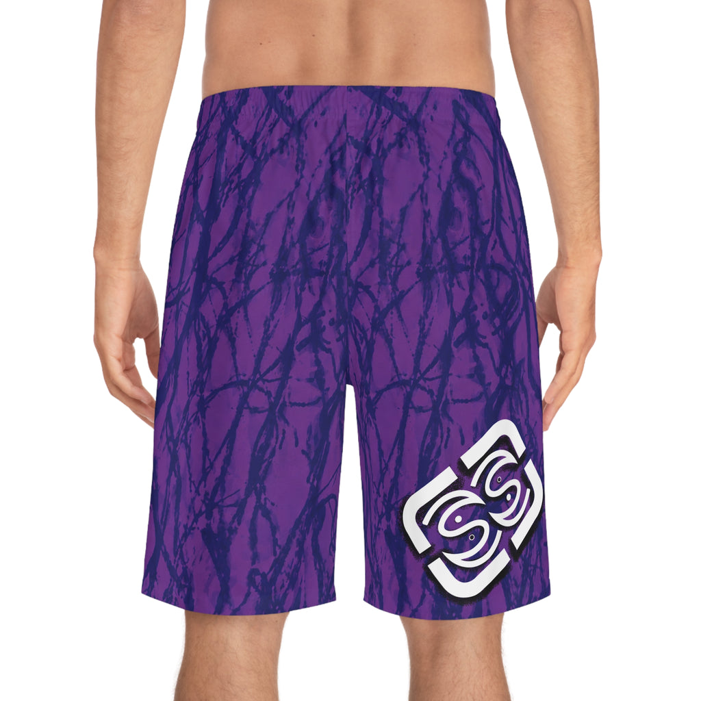 Purple Tie-Dye Board Shorts with Script Logo — Men's Surf & Swim Trunks