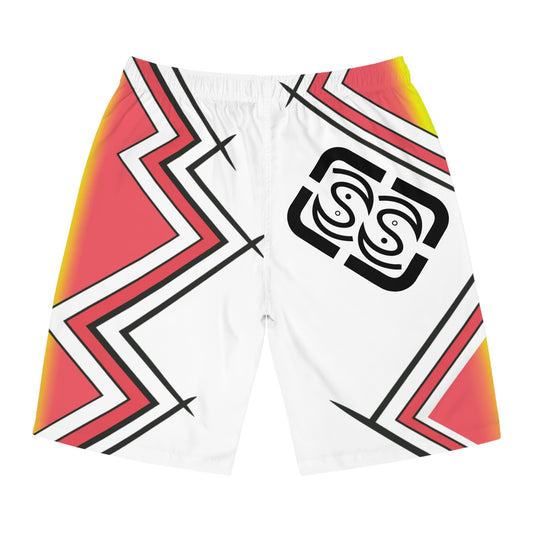 Geometric Sunset Board Shorts — Men's All-Over Print Swim Trunks