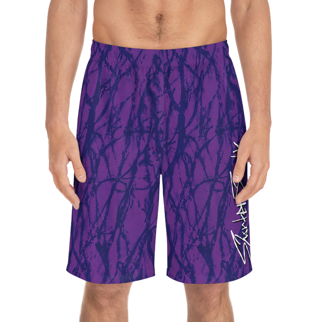 Purple Tie-Dye Board Shorts with Script Logo — Men's Surf & Swim Trunks