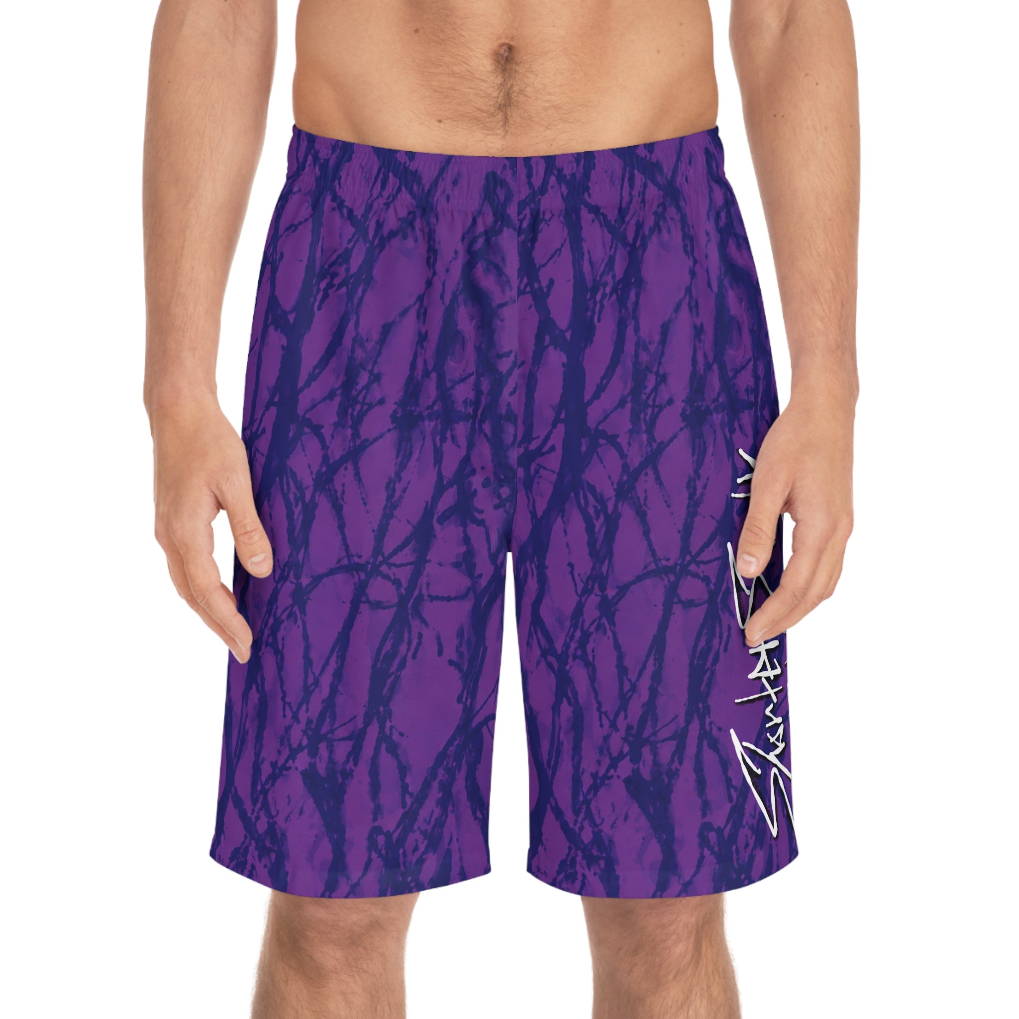 Purple Tie-Dye Board Shorts with Script Logo — Men's Surf & Swim Trunks