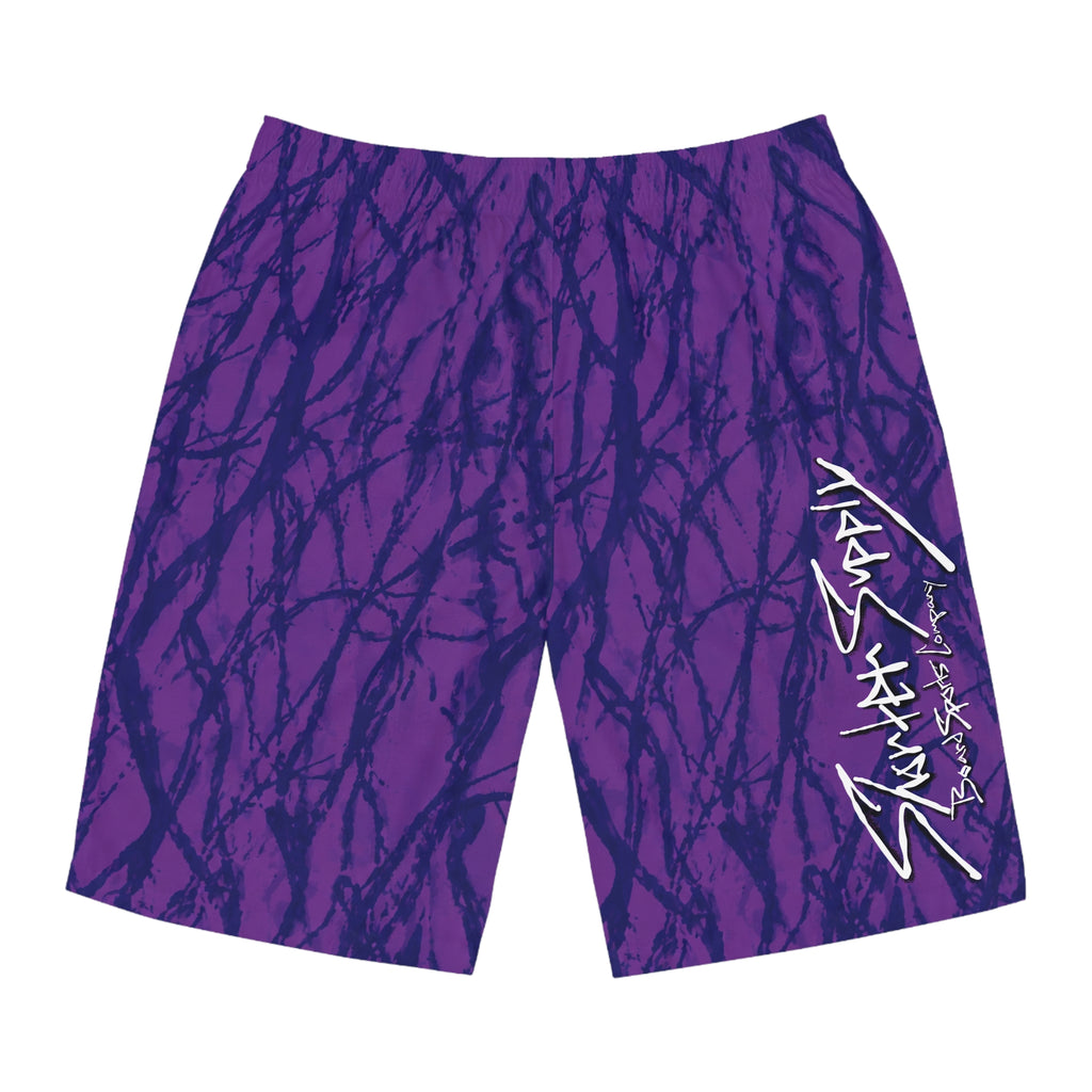 Purple Tie-Dye Board Shorts with Script Logo — Men's Surf & Swim Trunks