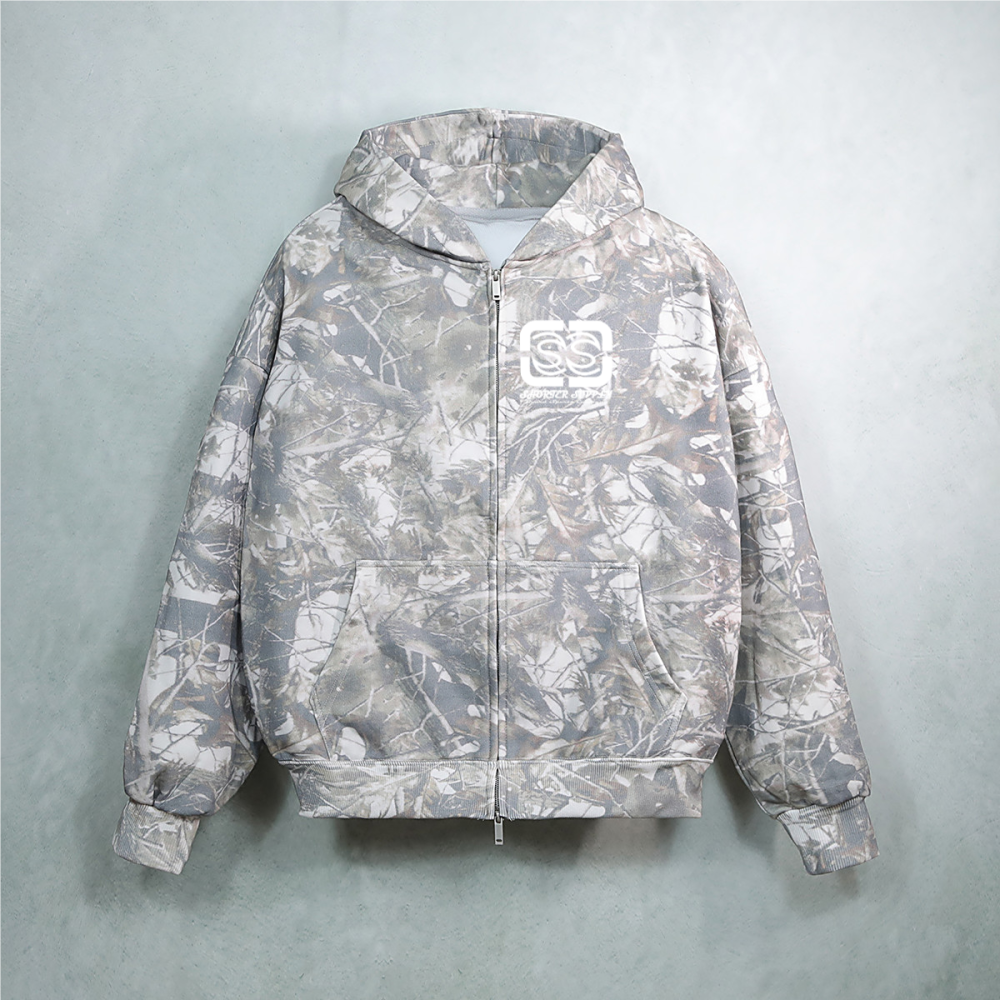 100% Cotton Heavyweight Shorter Supply Camo Zip-Up Hoodie (400 GSM)